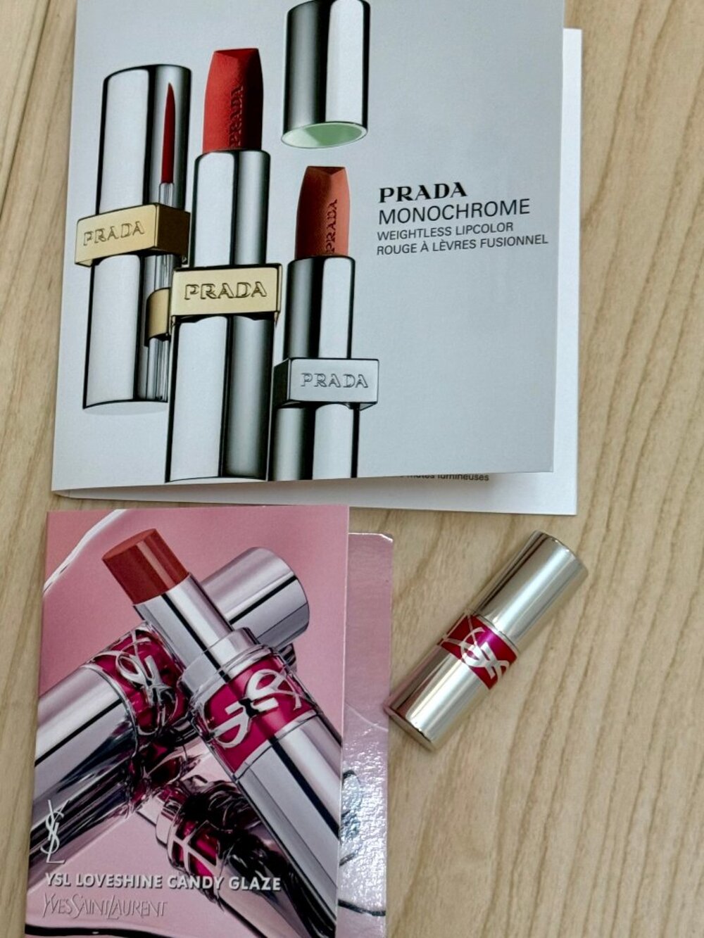 YSL Candy Glaze Lipstick and Prada Monochrome Lip samples